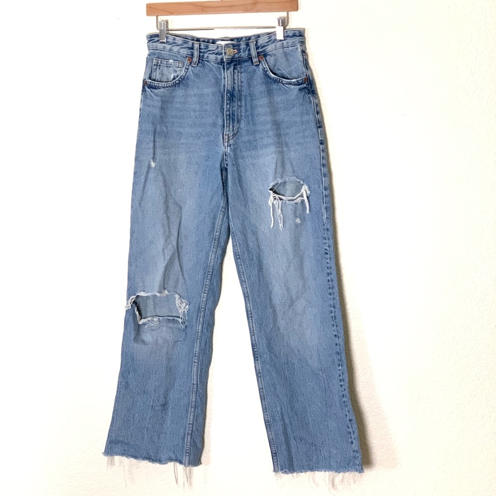 Zara | High rise wide leg jeans straight leg destroyed denim size 6
